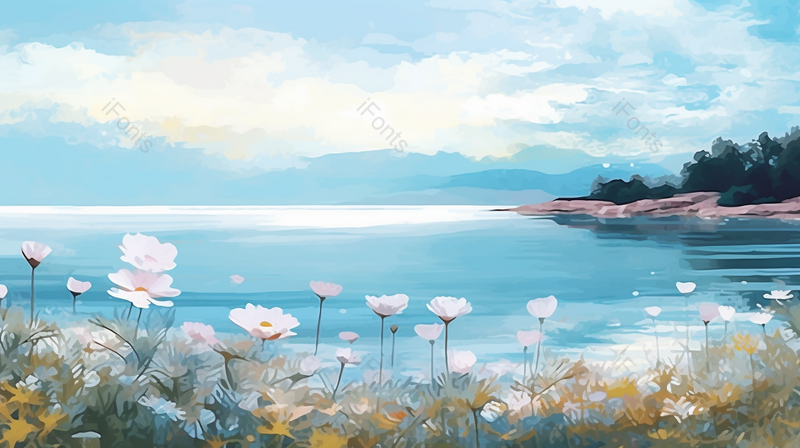 唯美清新自然风景花朵海边插画手绘背景壁纸,插画/手绘图,插画/手绘图库,插画/手绘图下载,插画/手绘